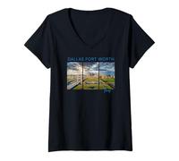 Mujer Dallas Fort Worth Texas Horizonte Arte DFW Cityscape Funkytown Camiseta Cuello V