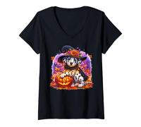Mujer Dalmatian Dog Halloween Graphic with Spooky Pumpkin Face Camiseta Cuello V
