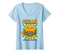 Mujer Dame de Comer y Dime Que Soy Bonita (Divertido gráfico de Gato Gordo) Camiseta Cuello V