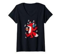 Mujer Dancing Fox Auriculares Café Música Amante Arte Camiseta Cuello V
