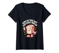 Mujer Danos Este día Nuestro Pan Diario Retro Dibujos Animados Camiseta Cuello V