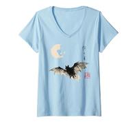 Mujer Dark Bat Japanese Ink Wash Traditional Asian Art Camiseta Cuello V