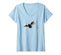 Mujer Dark Bat Japanese Ink Wash Traditional Asian Art Camiseta Cuello V