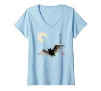 Mujer Dark Bat Japanese Ink Wash Traditional Asian Art Camiseta Cuello V