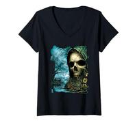 Mujer Dark Skull Lake Scene Obra de Arte de Terror Casa del Bosque embrujada Camiseta Cuello V