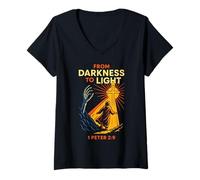 Mujer Darkness To Light Christian Gothic 1 Pedro 2:9 Versículo de la Biblia Camiseta Cuello V