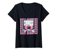 Mujer Data Scientist Science Laptop Graph Girl Coquette Bow rosa Camiseta Cuello V
