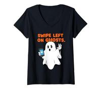 Mujer Dating App Swipe Left Meme Halloween Sassy Cartoon Ghost Camiseta Cuello V