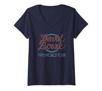 Mujer David Bowie - Logotipo del Tour Mundial de 1978 Camiseta Cuello V, Azul Marino, L