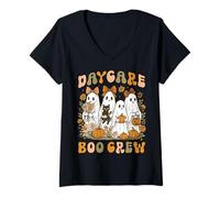 Mujer Daycare Boo Crew Halloween Teacher Cute Floral Ghost Mujer Camiseta Cuello V
