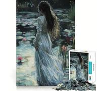 Mujer de Blanco Junto a nenúfares Rompecabezas de 1000 Piezas Juego Mental Divertido Piezas de Ajuste preciso Actividad Relajante para Grupos en Interiores (50x75cm)