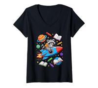 Mujer De Vuelta Al Colegio Mapache Nave Espacial Cohete Camiseta Cuello V