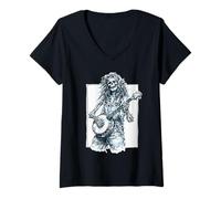 Mujer Dead Banjo Player Hippie Bluegrass Skeleton Camiseta Cuello V