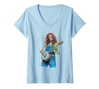 Mujer Dead Banjo Player Hippie Bluegrass Skeleton Camiseta Cuello V
