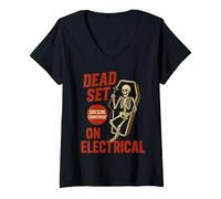 Mujer Dead Set on Electrician Funny Skeleton Electricista Halloween Camiseta Cuello V