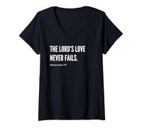 Mujer Declaración de cita de versículo bíblico The Lord's Love Never Fails Camiseta Cuello V