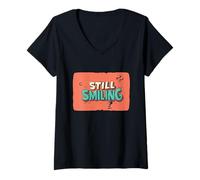Mujer Declaración todavía sonriente para vibraciones alegres para niños y niñas Camiseta Cuello V