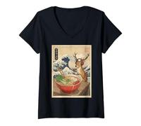 Mujer Deer Cute Kawaii japonés Gamer Divertido Ramen Retro Camiseta Cuello V