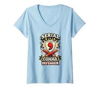 Mujer Defensor de Comas seriales Oxford Comma Gramática Nerd Humor Camiseta Cuello V