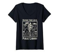 Mujer Defiende tu Biblioteca pública Local | Funny Knight Riding Cat Camiseta Cuello V