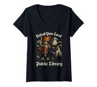 Mujer Defiende tu Obra de Arte OVNI de Caballero Cruzado de la Biblioteca Local Camiseta Cuello V