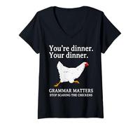 Mujer Deja de asustar a los Pollos Gramática Inglés Divertido Profesor Camiseta Cuello V