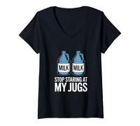 Mujer Deja de Mirar mis jarras Divertido Diciendo Jarra de Leche Camiseta Cuello V