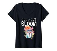 Mujer Deja que tu luz florezca la flor de libélula Camiseta Cuello V