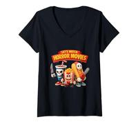 Mujer Deja Ver la película de Terror Halloween Snack Squad Popcorn Hotdog Camiseta Cuello V