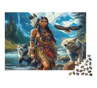 Mujer del Bosque Puzzle de 1000 Piezas Papel Puzzle para Adultos Lobo Águila Río Paisaje Relajante Enfoque Familia Decoración Regalo 52x38cm/1000pcs