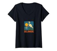 Mujer Delaware Garza Vintage Costera Vida Silvestre Atardecer Escena Camiseta Cuello V