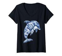 Mujer Delfín Floral Vintage con Flores Delft Art Chinoiserie Camiseta Cuello V