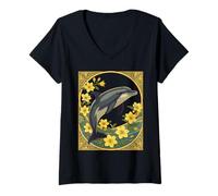 Mujer Delfín mular común con Flores de jazmín Amarillo Camiseta Cuello V