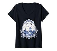Mujer Delft Holland Windmill Blue Tile Art Dutch Canal Porcelain Camiseta Cuello V