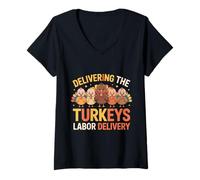 Mujer Delivering The Cutest Turkeys Labor & Delivery Thanksgiving Camiseta Cuello V