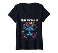 Mujer Delta Junction - Gato de Alaska con Gafas de Sol y diseño de Flores Camiseta Cuello V