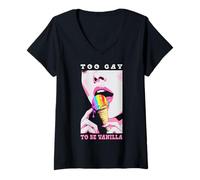 Mujer Demasiado Gay Para Ser Vanilla Lesbianas Chica Labios Rainbow Ice Cream Camiseta Cuello V