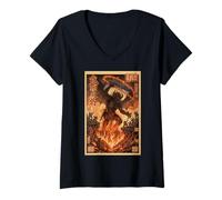 Mujer Demonio Fuego Llamas Japones Ukiyo-e Guerreros Camiseta Cuello V
