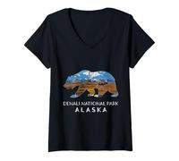 Mujer Denali National Park Alaska Bear Scene con alce de montaña Camiseta Cuello V