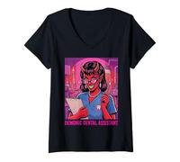 Mujer Dental Dental Asistente Higienista Cuernos del Diablo Espeluznante Miedo Camiseta Cuello V
