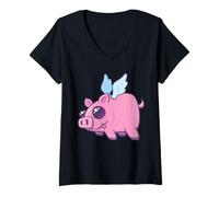 Mujer Derpy Kawaii Flying Piggy Cutie Camiseta Cuello V