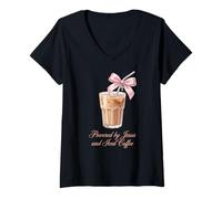 Mujer Desarrollado por Jesús y café Helado Coquette Retro Christian Camiseta Cuello V