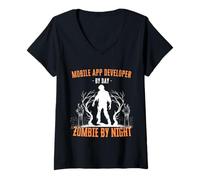 Mujer Desarrollador de App Móvil por Día Zombie de Noche Funny Halloween Camiseta Cuello V