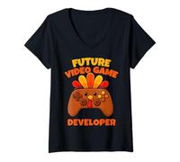 Mujer Desarrollador de Videojuegos Future Thanksgiving Gaming Fun Boy Kid Camiseta Cuello V