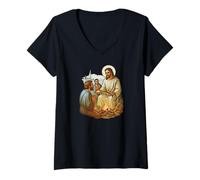 Mujer Desayuno Junto al mar de Jesús Resucitado Arte devocional Camiseta Cuello V