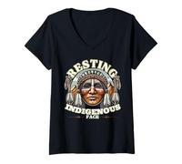Mujer Descansando Rostro indígena Historia Estadounidense Camiseta Cuello V