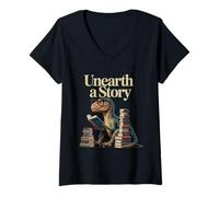 Mujer Descubrir un Dinosaurio de la Historia Leyendo un Libro de Biblioteca Camiseta Cuello V