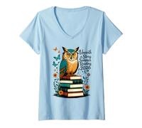 Mujer Descubrir una Historia: Búho en Libros Camiseta Cuello V