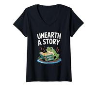 Mujer Descubrir una Rana de Historias Leyendo un Libro Verano 2026 Camiseta Cuello V