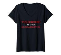 Mujer Desencadenado por Microagresión Indignación Palabra Broma Política Diversión Camiseta Cuello V